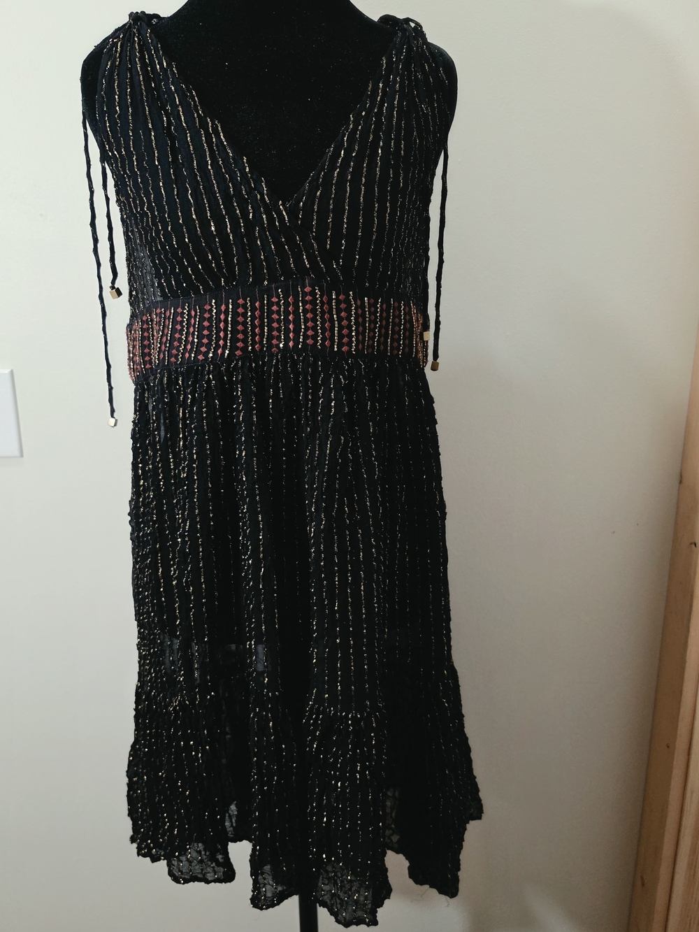 Anthropologie Floreat Annecy Black Mesh VNeck Midi Dress Metallic Stripes Bead 2
